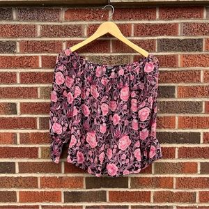 Express Black and Pink Floral Print Chiffon Sheer Off the Shoulder Cuffed Top